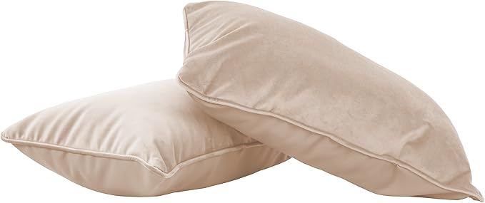 FDP 12" x 20" Velvet and Vinyl Rectangle Lumbar Pillow Set with Piping Decorative Throw Pillow for Home Dcor in Living Room, Bedroom or Lounge (2-Pack) - Beige, 15163-340