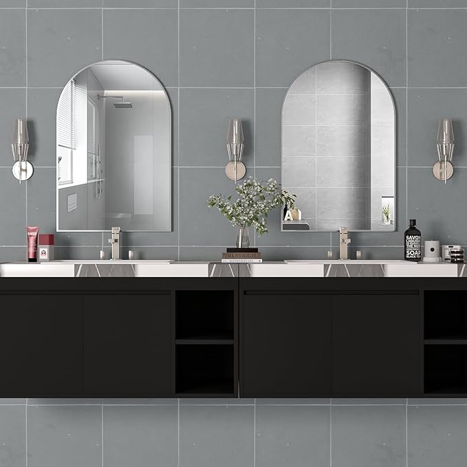 Wall Mounted Mirror, Arched Wall Mirror for Bathroom, 2 Pieces 24"x36" Arch Bathroom Mirror with Metal Frame, Silver Vanity Mirror Decor for Mantle, Bedroom, Entryway, Living Room