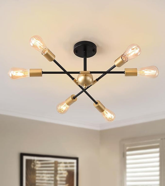 MEIXISUE Modern Semi Flush Mount Ceiling Light Fixture Black and Gold Close to Ceiling Light 6-Light Sputnik Chandelier Light Fixture for Hallway Entryway Bedroom Kitchen Dining Room UL Listed
