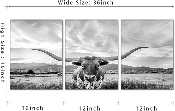 3 Panels Highland Cow Wall Art Modern Black and White Pictures Longhorn Wall Decor Artwork Animal Cow Posters Canvas Prints Painting Living Room Bedroom Home Office Decoration, Framed 12" Wx16 Hx3pcs