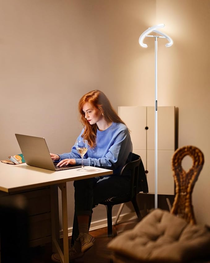 SIBRILLE White Floor Lamp, Modern Stepless Dimmable Standing Lamp 3000-6000K, 20W LED Rotatable Reading Tall Lamp, Touch & Remote Control Uplighter Floor Lamps for Living Room Bedroom Office
