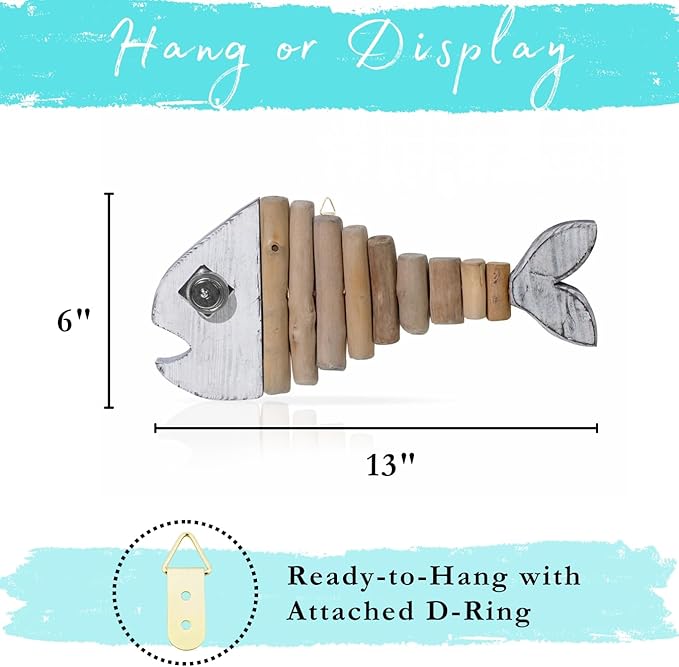 Driftwood Fish Nautical Wall Decor - Handmade Wooden Rustic Coastal Wall Art for Living Room, Bedroom, Office, Bathroom - Ocean Beach Decoration (Pearl)