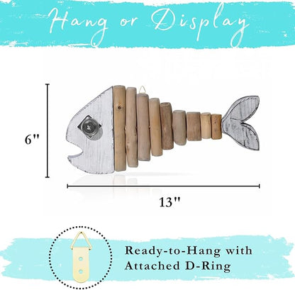 Driftwood Fish Nautical Wall Decor - Handmade Wooden Rustic Coastal Wall Art for Living Room, Bedroom, Office, Bathroom - Ocean Beach Decoration (Pearl)