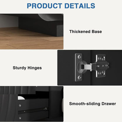 TV stand for 65'' TV , Media Console Table with Storage Cabinet, Spiral Wave Design,Low Profile Credenza for Living Room,Entertainment Center Television Stand with Curved Corner for Bedroom,Black