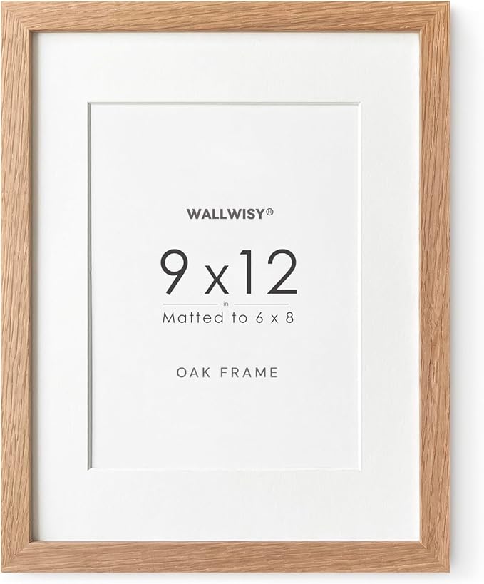 9x12 Wood Frame, Solid Oak 9x12 Picture Frame with Mat to 6x8, Natural Oak 12x9 Frames, Set of 1