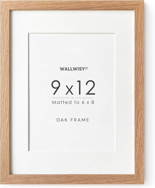 9x12 Wood Frame, Solid Oak 9x12 Picture Frame with Mat to 6x8, Natural Oak 12x9 Frames, Set of 1