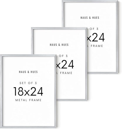 HAUS AND HUES 18x24 Silver Metal Picture Frames - Features Premium Aluminum, Vertical & Horizontal Hang, Shatterproof Plexiglass - Perfect for Home, Room, Office (18x24 in, Silver, Set of 3)