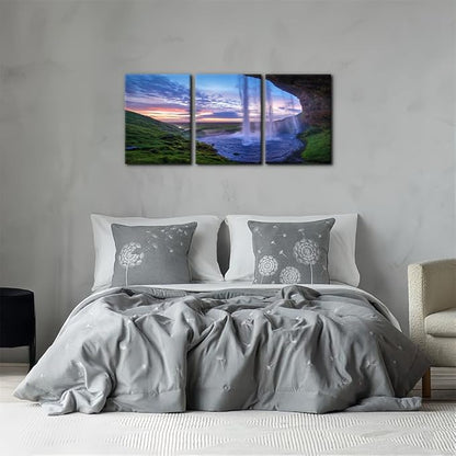 Pacimo Waterfall at Sunset Canvas Wall Art Print Iceland Landscape Painting Framed Wall Art Decor for Living Room Home Decoration 3 Pieces Gallery Wrapped Posters and Prints Ideal Gifts - 12"x16"x3