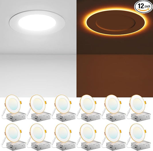 Amico 12 Pack 4 Inch 5CCT LED Recessed Ceiling Light with Night Light, 2700K/3000K/3500K/4000K/5000K Selectable Ultra-Thin Lighting, 10W=90W, 700LM, Dimmable Canless Wafer Downlight - ETL&FCC