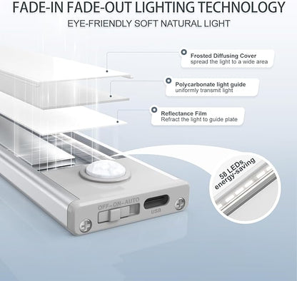 6 Pack Under Cabinet Lights Wireless, 58 LED Motion Sensor Light Indoor Rechargeable Magnetic Closet Lights Battery Operated, Under Counter Lights for Kitchen, Wardrobe, Hallway, Stairs