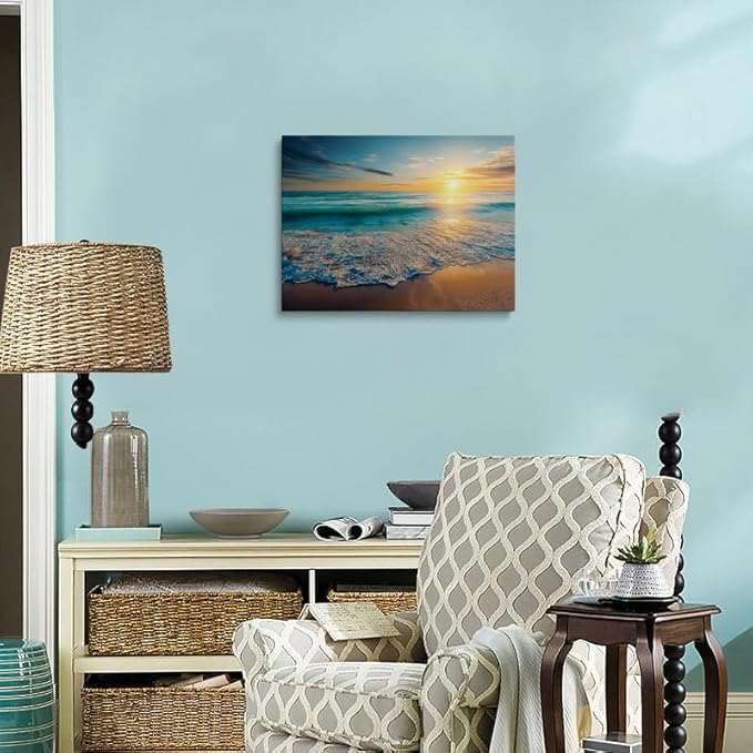 Coastal Sunset Canvas Wall Art Framed Print Serene Beach Scene with Golden Horizon Blue Waves Calming Ocean Wall Decor Artwork for Living Room Bathroom Decor 16x24 Inches