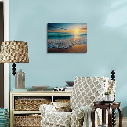 Coastal Sunset Canvas Wall Art Framed Print Serene Beach Scene with Golden Horizon Blue Waves Calming Ocean Wall Decor Artwork for Living Room Bathroom Decor 16x24 Inches