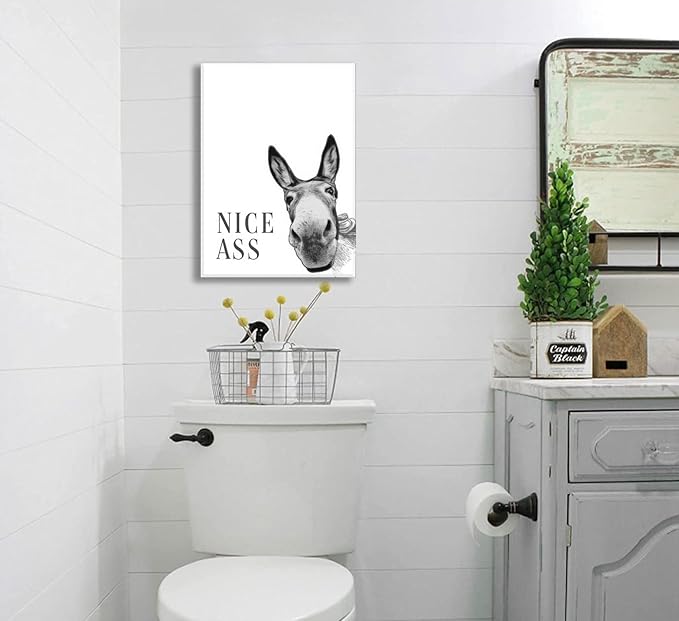 Black And White Donkey Canvas Wall Art, Nice Ass Bathroom Wall Art, Funny Animal Paintings Artwork, Bathroom Black And White Donkey Paintings,Toilet Black & White Wall Decor, Art Prints For Bathroom Toilet 12x16 Inches. Framed