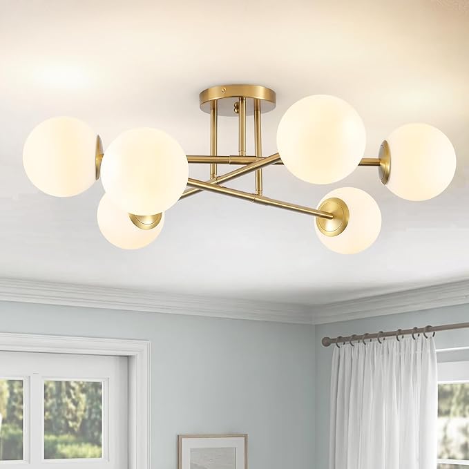 6-Light Glass Sputnik Chandeliers Gold Sputnik Ceiling Light Fixture with Milk White Glass Globe Flush Mount Ceiling Light Fixture for Dining Room Farmhouse Kitchen Living Room Bedroom