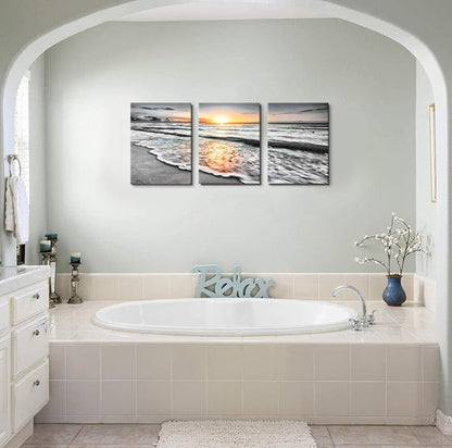 Bamdeya Bathroom Wall Decorations 3 Piece Black and White Picture Framed Wall Art Bedroom Beach Canvas Prints Photos Ocean Painting Sunset Poster Sea Artwork for Office Dining Room Decor 12x16x3pcs