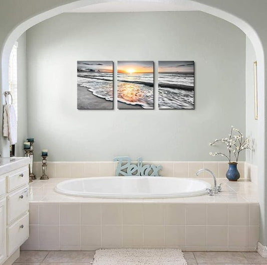 Bamdeya Bathroom Wall Decorations 3 Piece Black and White Picture Framed Wall Art Bedroom Beach Canvas Prints Photos Ocean Painting Sunset Poster Sea Artwork for Office Dining Room Decor 12x16x3pcs