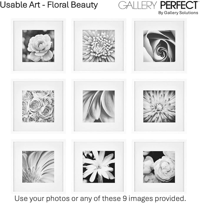 Gallery Perfect 12x12 Picture Frames, 9 Piece Set with Real Glass Cover for 8x8 Photos With Mat, Picture Frames Collage Wall Decor for Gallery Wall, Home Decor, White