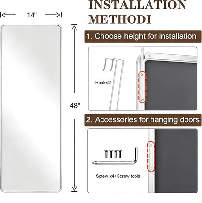 DMWOODFL 48"x14" Rounded Rectangle Over The Door Mirror - Full Length Tempered Glass & Aluminum Frame, No Drill Installation for Bedroom, Bathroom, Closet, Entryway (Silver White)