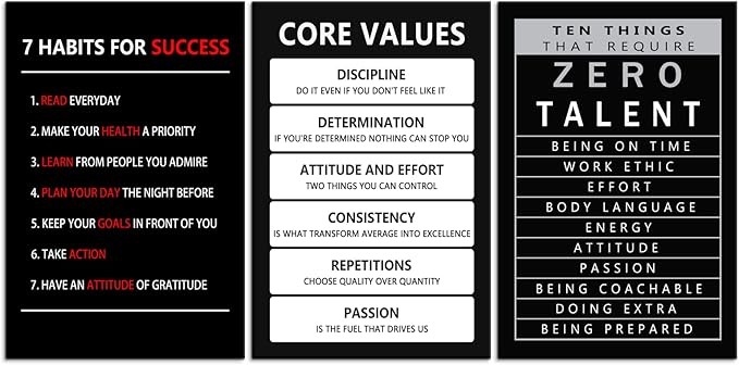 Core Values Motivational Canvas Wall Art 3 Pieces Poster Inspirational Ten Things That Require Zero Talent Canvas Artwork Picture Print Framed for Home Office Living Room Gym Wall Decor [72''Wx 36''H]