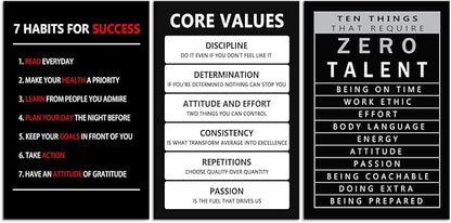 Core Values Motivational Canvas Wall Art 3 Pieces Poster Inspirational Ten Things That Require Zero Talent Canvas Artwork Picture Print Framed for Home Office Living Room Gym Wall Decor [72''Wx 36''H]