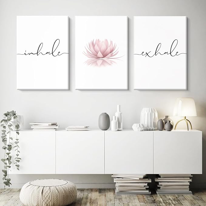 Pennclys Inhale Exhale Wall Art Zen Canvas Decor Yoga Lotus Wall Art Calming Meditation Artwork Pink Yoga Poster Zen Pictures Painting for Living Room Bedroom 16x24 Inch Ready to Hang Set of 3