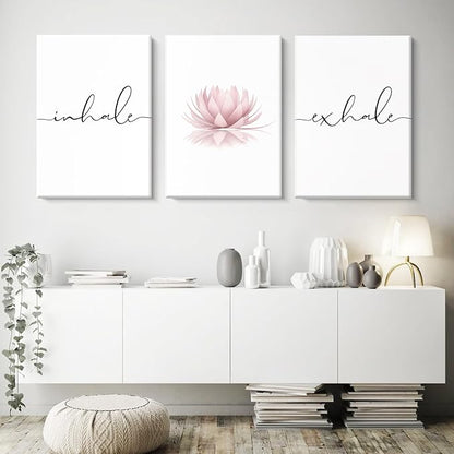 Pennclys Inhale Exhale Wall Art Zen Canvas Decor Yoga Lotus Wall Art Calming Meditation Artwork Pink Yoga Poster Zen Pictures Painting for Living Room Bedroom 16x24 Inch Ready to Hang Set of 3