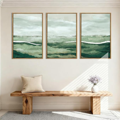 ANHUIB Green Wall Art 16x24 Inch Large Canvas Wall Art Abstract Watercolor Wall Decor Misty Landscape Art Prints Framed Neutral Paintings Set of 3 for Living Room Bedroom Ofice