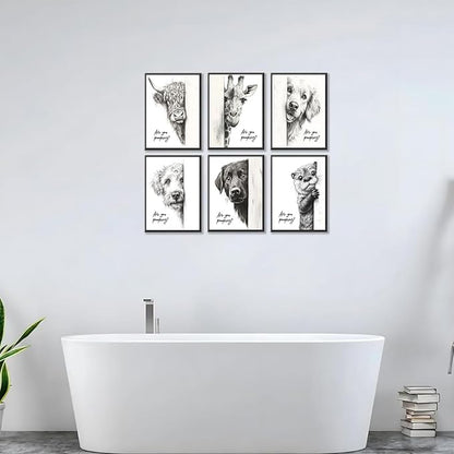 Funny Bathroom Wall Art Black and White Bathroom Posters Decor Rustic Donkey and Cow Pictures Wall Decor Funny Animal Peeking Canvas Art Prints for Toilet/Bedroom Unframed 8x10 inches x 6 pieces