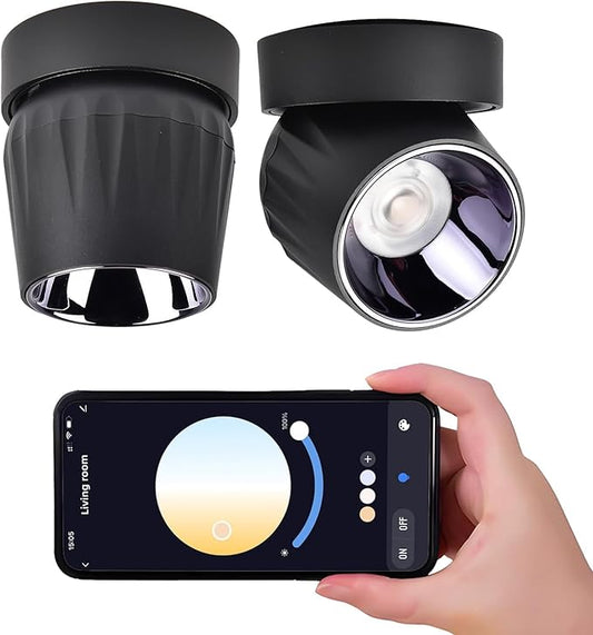 LED Ceiling Spotlight Indoor Dimmable - Tuya Smart Life 360° Adjustable 12W COB Ceiling Downlight Aluminum Hard Wired For Bedrooms Rooms Corridors Painting Background Walls (Black, B ( 4.02"*3.62"))