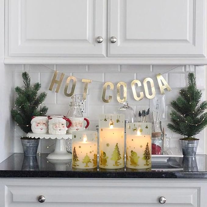 Christmas Battery Operated Flameless Candles Flickering Remote and Timer Glass LED Pillar Candles Moving Wick Real Wax Gold Snowman Christmas Tree Decals Holiday Decor D3 x H4, 5", 6"