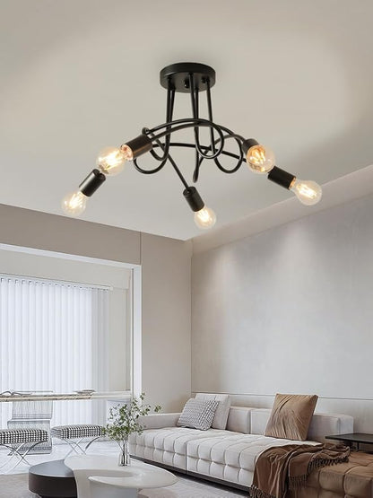 Modern Farmhouse Chandelier,25 Inch 5 Light Sputnik Semi Flush Mount Ceiling Light, Metal Black Rustic Light Fixture for Dining Room Bedroom Kitchen Hallway Entryway