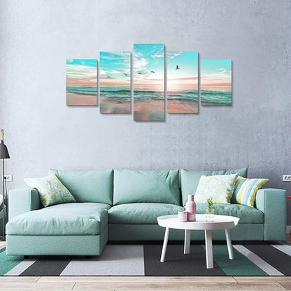 EPHANY Ocean Beach Sunset - Blue Sea Landscape Canvas Wall Art, 5 Pieces, Living Room Wall Picture (D-5pcs,60"x30")