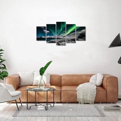EPHANY Green Sky Night Painting - 5 Pieces Wall Art Art - Aurora Scenery Painting on Canvas Landscape Stretched and Framed Canvas Paintings Ready to Hang for Home Decorations Wall Decor