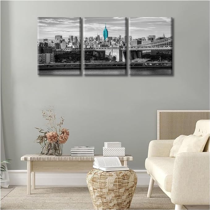 TUMOVO 3 Panels New York USA Downtown Skyline Modern Home Decor Skyscrapers City Skyline Pictures Canvas Wall Art for Bedroom, Living Room, Office. Framed Ready to Hang (36" Wx16 H)