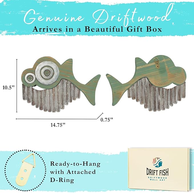Driftwood Fish Nautical Wall Decor - Handmade Wooden Rustic Coastal Wall Art for Living Room, Bedroom, Office, Bathroom - Ocean Beach Decoration (Ratchet)