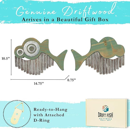 Driftwood Fish Nautical Wall Decor - Handmade Wooden Rustic Coastal Wall Art for Living Room, Bedroom, Office, Bathroom - Ocean Beach Decoration (Ratchet)
