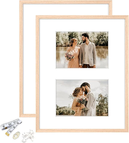 ATOBART 11x14 Picture Frame, OAK Wood Photo Frame 8x10 with Mat or 5x7 with 2 Mat with Perspex Glass for Vertical or Horizontal Tabletop Wall Display for Photo, Painting, Poster, Set of 2