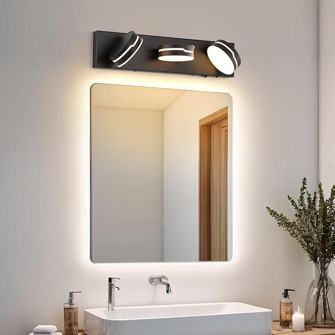 LED Modern Bathroom Lights Fixtures 3-Light Motion Sensor Vanity Light Matte Black Acrylic Wall Lighting,3CCT Vanity lamp for Bathroom Over Mirror with 350°Rotatable Acrylic Heads