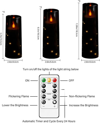 Sasigeiaa Flameless Candles with Embedded Star String - Battery Operated LED Candles, with Remote,12 Black Flickering Candles for Christmas, Weddings, Home Decor & Party,(D 2.3"×H 5" 6" 7")
