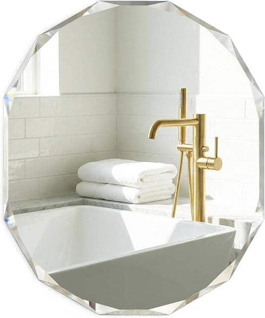 36x30 Large Capsule Vanity Mirror for Wide Sink, Luxury Diamond-Faceted Wall Mirror, Frameless Oblong Mirror for Mantle, Horizontal/Vertical