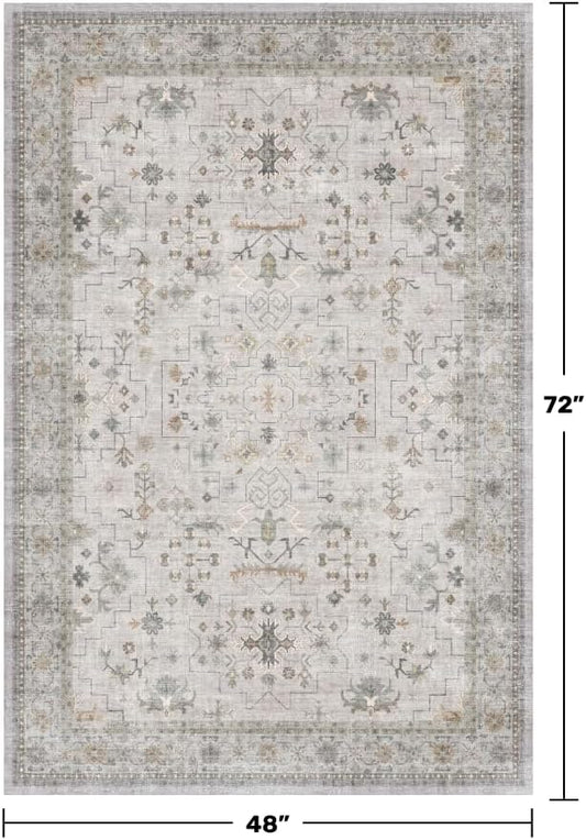 Hazo Haus Boho 4x6 Living Room Rug - Light Grey Modern Vintage Eclectic Floral Pastel Neutral Taupe, Washable Low Pile Non-Slip Area Rugs for Kitchen, Mudroom, Bedroom Beside Bed, Office