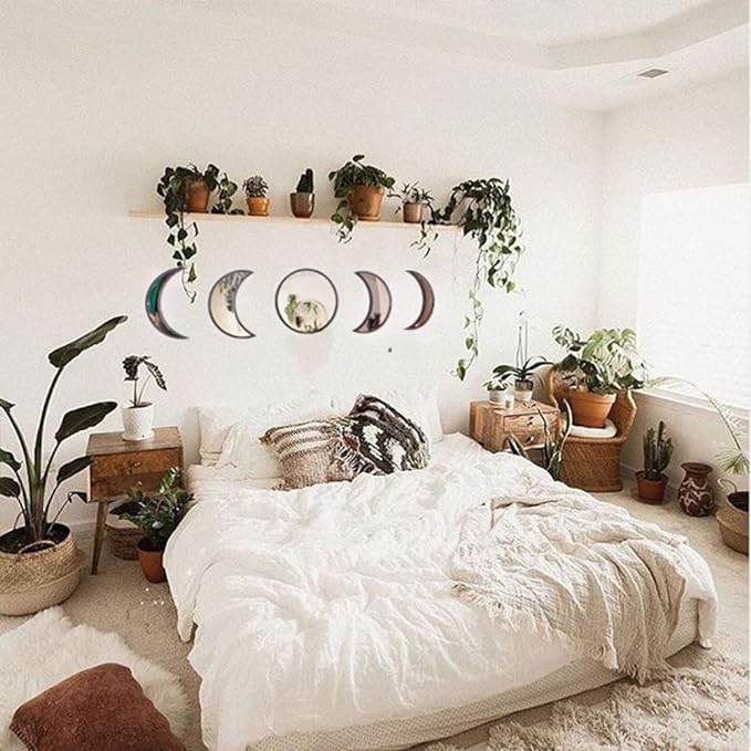 Scandinavian Decor 5-Piece Acrylic Wall Decor - Wooden Moon Phase Mirror, Bohemian Design for Living Room, Bedroom - Beige