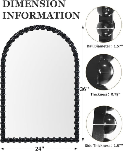 Black Beaded Arched Wall Mirror 24x36 Inch, Vintage Decorative Arch Mirror with Beaded Frame, Accent Mirror for Entryway, Bathroom, Living Room, Bedroom, Fireplace