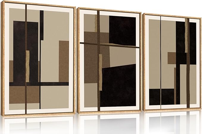 Abstract Shapes Framed Canvas Wall Art Set, Mid-Century Black Polygon Wall Decor, Black Brown Irregular Painting, Neutral Modern Art Print for Living Room, Dining Room, Office - 24"x36"x3