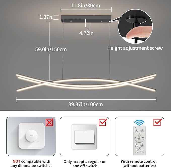 Modern Ceiling Chandelier Light, 39IN Pendant Light Fixtures with Remote Control 3000k-6500K Adjustable Color Temperature, Aluminum Island Lighting Lamp for Dining Room, Living Room, Island