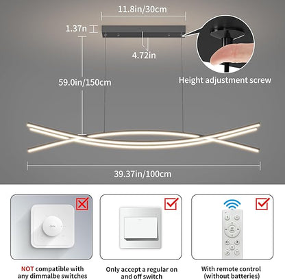 Modern Ceiling Chandelier Light, 39IN Pendant Light Fixtures with Remote Control 3000k-6500K Adjustable Color Temperature, Aluminum Island Lighting Lamp for Dining Room, Living Room, Island