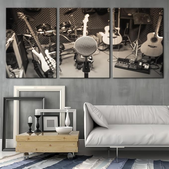 Pacimo 3 Panels Music Artistic Paintings Wall Art The Music of The Band Guitar and Shelf Drum Piano Pictures Print on Canvas for Modern Home Decoration for Living Room Framed Ready to Hang - 20"x28"x3