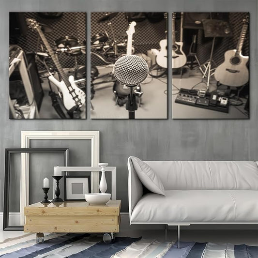 Pacimo 3 Panels Music Artistic Paintings Wall Art The Music of The Band Guitar and Shelf Drum Piano Pictures Print on Canvas for Modern Home Decoration for Living Room Framed Ready to Hang - 20"x28"x3