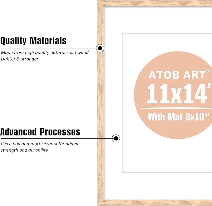 11x14 OAK Natural Wood Photo Frame,Picture Frames with mat 8x10 or 2 mat 5x7,Plexi Glass front Wall Hanging Gallery for Wall and Tabletop Display,set of 6