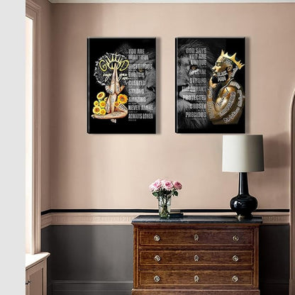 2 Pecs Framed Black King and Queen Wall Art Black Couple African American Men Portrait Wall Art Black Men Art Afro King Poster Abstract Contemporary Canvas Prints Painting Home Decor for Bedroom